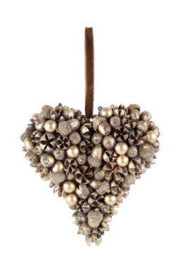 Dekorace srdce s žaludy ACORN, závěsná, přírodnina, zlatá, 15x16,5x7cm, ks  (EFS-190274)