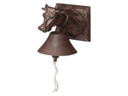 Zvonek kráva - Litinový nástěnný zvonek ke dveřím. Zvonek zvoní manuálně pomocí litinové kuličky uvnitř zvonu, ovládané bavlněnou šňůrkou. S dekorací kravské hlavy. Rozměr v cm (ŠxHxV): 12x16,2x18,1. Obsah: neuvádí se. Materiál: litina, bavlněná šňůrka.