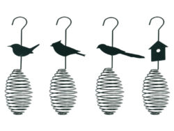 Krmítko kovové na lojové koule, 4T - Set 4 ks kovových závěsných krmítek pro ptáky na lojové krmnné koule s plnící pružinou. Vhodné i pro umístění vystýlky pro hnízdění. V tmavě zeleném barevném zpracování a 4 typech tvarů ozdobných dekorací. Dekorace 3 různých typů ptáčků a dekorace ptačí budky. Lojová krmná koule není součástí balení. Rozměr v cm (ŠxHxV): 10,5/9,8/7,7x7,7/7,7/7,7x35,2/35,2/35,2. Obsah: neuvádí se. Materiál: práškovaný kov.