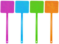 DISPLEJ Plácačka na hmyz, mix 4 barev (96ks) - Set 4 ks plastových plácaček létajícího hmyzu. Vyrobeno z pevného a pružného polypropylenu. Ve 4 typech barevného zpracování s motivem mouchy na obdélníkové části. V barvách holandská oranžová, jarní zelená, pomněnkově modrá a malinově růžová. Rozměr v cm (ŠxHxV): 10x0,4x42. Obsah: neuvádí se. Materiál: PP.