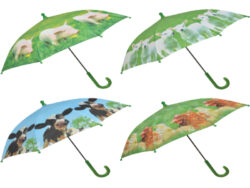 Deštník dětský s hospodářskými zvířaty, 4T - Set 4 ks polyesterových deštníků. Vhodné pro děti. S kovovou rukojetí opatřenou plastovým úchopem. Ve 4 různých typech zpracování barev a potisku. Barevný potisk s motivem selátka na louce, jehňátka na louce, zvědavého telete a slepičky s kuřaty.  Rozměr v cm (ŠxHxV): 71x71x58. Obsah: neuvádí se. Materiál: polyester, kov, PP.