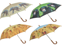 Deštník dětský s africkými zvířaty, 4T - Set 4 ks polyesterových deštníků. Vhodné pro děti. S kovovou rukojetí opatřenou plastovým úchopem. Ve 4 různých typech zpracování barev a potisku. Barevný potisk s motivem klusajícího slůněte, zahleděného šimpanze, hlídkujících surikat a řvoucího lvíčete.  Rozměr v cm (ŠxHxV): 71x71x58. Obsah: neuvádí se. Materiál: polyester, kov, PP.