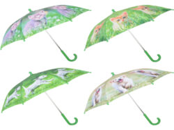 Deštník dětský štěňata a koťata, 4T - Set 4 ks polyesterových deštníků. Vhodné pro děti. S kovovou rukojetí opatřenou plastovým úchopem. Ve 4 různých typech zpracování barev a potisku. Barevný potisk s motivem číhajícího kotěte v trávě, běžícího štěnětě dalmatina, štěněte zlatého retvívra a mourovatého kotěte.  Rozměr v cm (ŠxHxV): 71x71x58. Obsah: neuvádí se. Materiál: polyester, kov, PP.