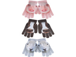 Rukavice se zvířaty, dětské, 3T - Set 3 ks textilních rukavic. Vhodné pro děti. S elastickým lemem na zápěstí. Ve 3 různých typech zpracování barev a potisku. Barevný potisk s motivem hnědé krávy s bílým čumákem, bílého jehňátka a růžového prasátka. Rozměr v cm (ŠxHxV): 12,6x1x19,4. Obsah: neuvádí se. Materiál: 99% polyester, 1% elastan.
