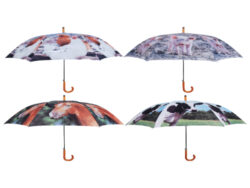 Deštník s potiskem, 4T - Set 4 ks polyesterových deštníků. S kovovou rukojetí opatřenou dřevěným úchopem. Ve 4 různých typech zpracování barev a potisku. Barevný potisk s motivem slepiček, selátka, hlavy koně a krávy. Rozměr v cm (ŠxHxV): 120x120x95. Obsah: neuvádí se. Materiál: polyester, kov, dřevo.