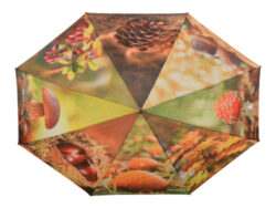 Deštník Podzim - Polyesterový deštník. S kovovou rukojetí opatřenou dřevěným úchopem. V barevném zpracování s potiskem lesních plodů a listů. Rozměr v cm (ŠxHxV): 120x120x95. Obsah: neuvádí se. Materiál: polyester, kov, dřevo.
